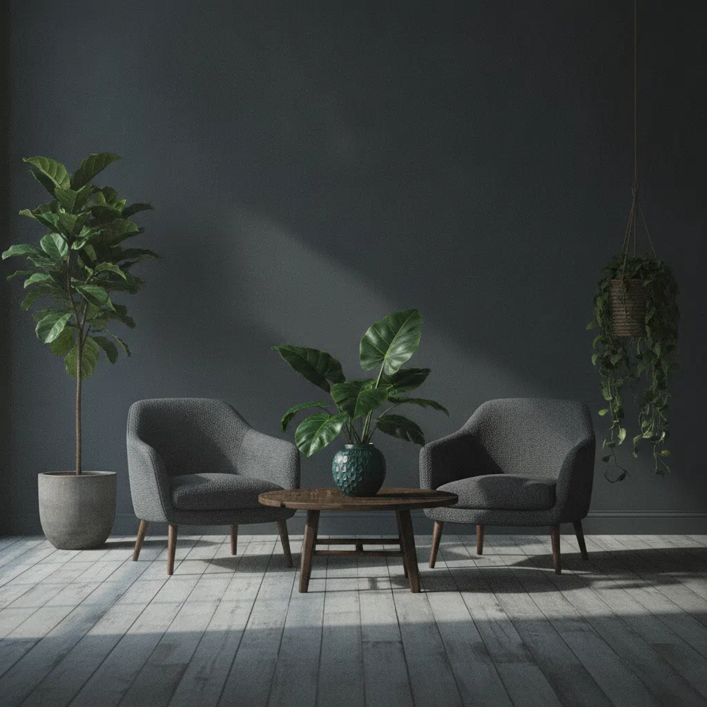 A calm, organised workspace with a notebook, a green plant, and a glass of water on a light wooden desk