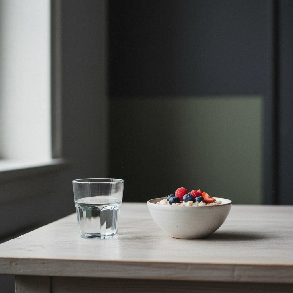 A glass of water and a small breakfast bowl on a bright kitchen table in morning light