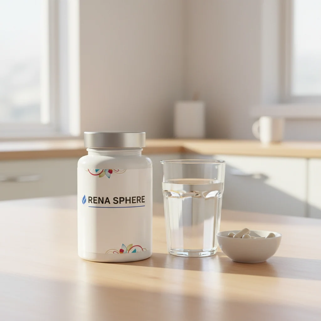 Rena Sphere supplement jar shown from the side on a light kitchen surface beside a glass of water